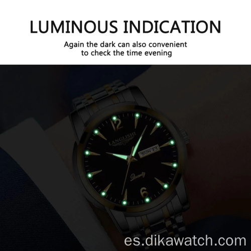 LANGLISHI 2021, relojes de lujo para hombre, reloj luminoso de acero inoxidable resistente al agua, reloj de pulsera de negocios con calendario de fecha de cuarzo para hombre